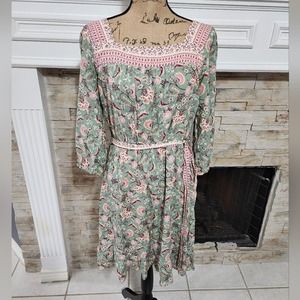 Luxology Pink and green vintage vibes prairie boho Midi dress size small new!!‎